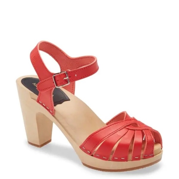 Swedish Hasbeens red high heal clog sandals - Picture 1 of 4